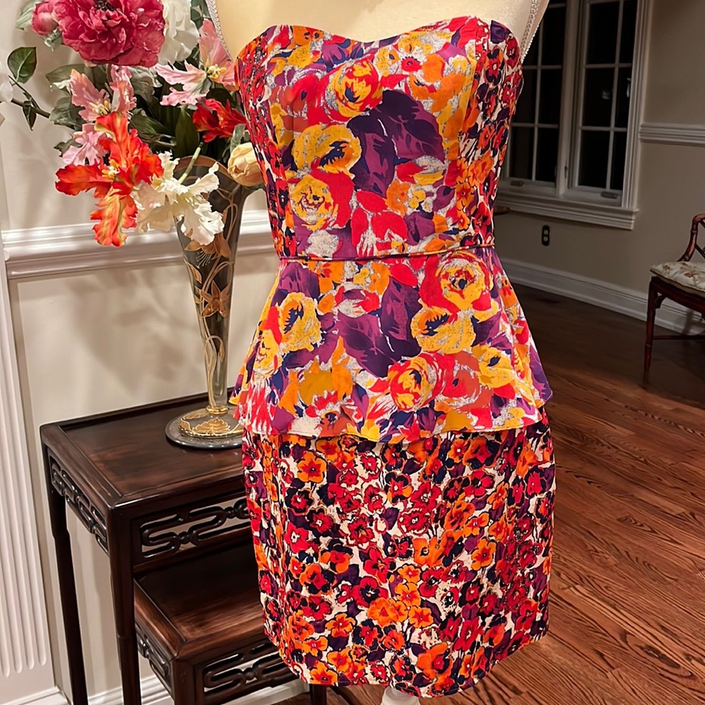 Frock! by Tracy Reese Floral Strapless Silk Peplum Dress - Size 6 - EUC